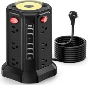 Surge Protector Power Strip Tower with 5 USB Ports and Night Light,10FT Extension Cord with 12 AC Multiple Outlets,  Power Tower Overload Protection for  Office Dorm Room Essentials(Black)
