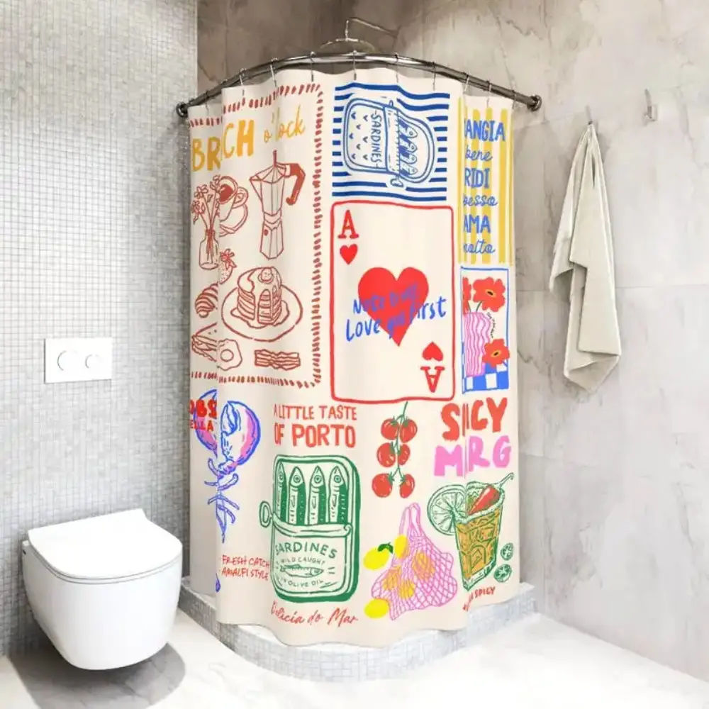 Waterproof Shower Curtains - 1/4pcs Polyester Doodle Brunch Art Print Set with Coffee,Pastry,Lobster Designs,71x71in, U-Type Rod Compatible, Includes Toilet Cover for Bathroom Home Decor