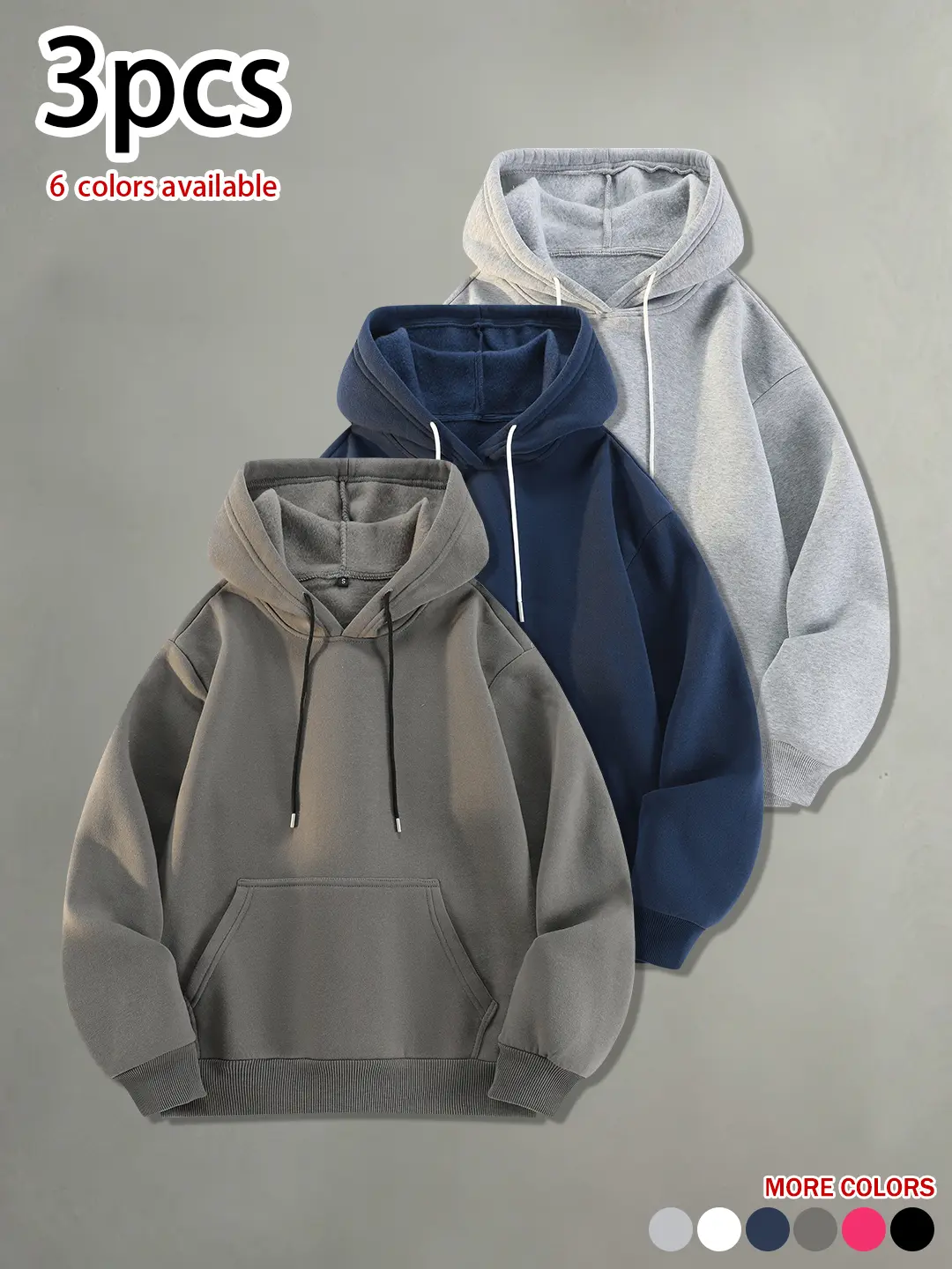Available in packs of 3 or 1 piece. Men’s minimalist casual hooded sweatshirt—loose fit, solid color, comfortable pullover; versatile for everyday wear in spring and autumn, trendy casual sporty hoodie.