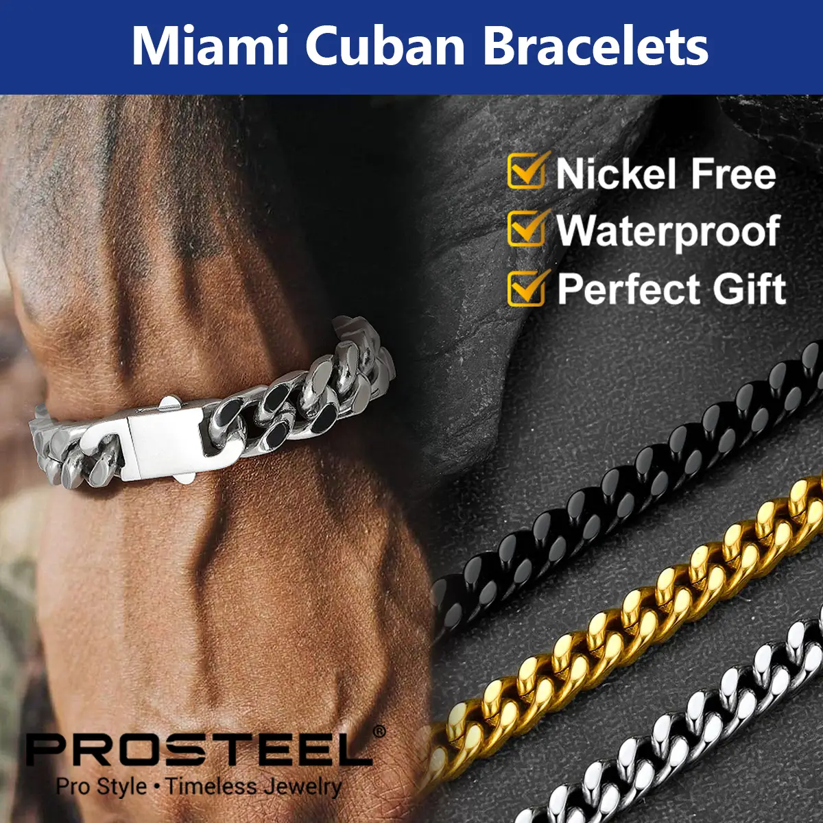 PROSTEEL Miami Cuban Chain Bracelets with Upgrade Buckle Clasp Durable Golden Black Metal Filled Solid Stainless Steel Hand Chain Jewelry for Men Wome