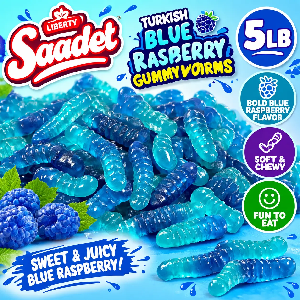 Liberty Saadet Turkish Blue Raspberry Gummy Worms 5 lb Bulk Bag Fruity Gummy Candy