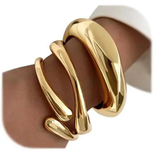 Chunky Gold Bangle Bracelets  Women, Dainty 14k Gold Plated Big Stackable Bangles Set, Trendy Statement Cuff Bracelet Stack Summer Beach Jewelry Gifts