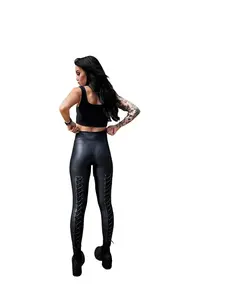 TheDriveClothing DDD Ribbon Faux Leather Leggings – Women’s High Waisted Scrunch Butt Y2K Leggings, Stretchy Squat Proof Gym Pants, Sexy Biker Streetwear Activewear with Devil Doll Logo