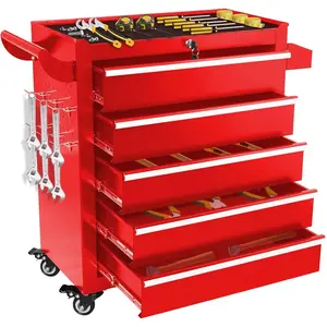 Red 5-Drawer Rolling Tool Cabinet with Lock, Wheels & Hooks – Heavy-Duty Steel Tool Chest for Garage, Workshop & Car Repair, Smooth Sliding Drawers for Mechanics & DIYers(Assembly Required)tiktokshopspringglowup