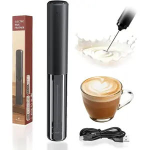 Electric Milk Frother Rechargeable with Cover, Portable Coffee Whisk Frother Black, Compact Electric Beverage Stirrer Wand for Latte, Cappuccino, Kitchen, Outdoor