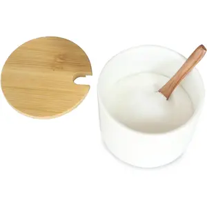 Salt Cellar Ceramic Container with Spoon Lid, Salt Holder Porcelain Jar Countertop Bowl for Salt  Sugar