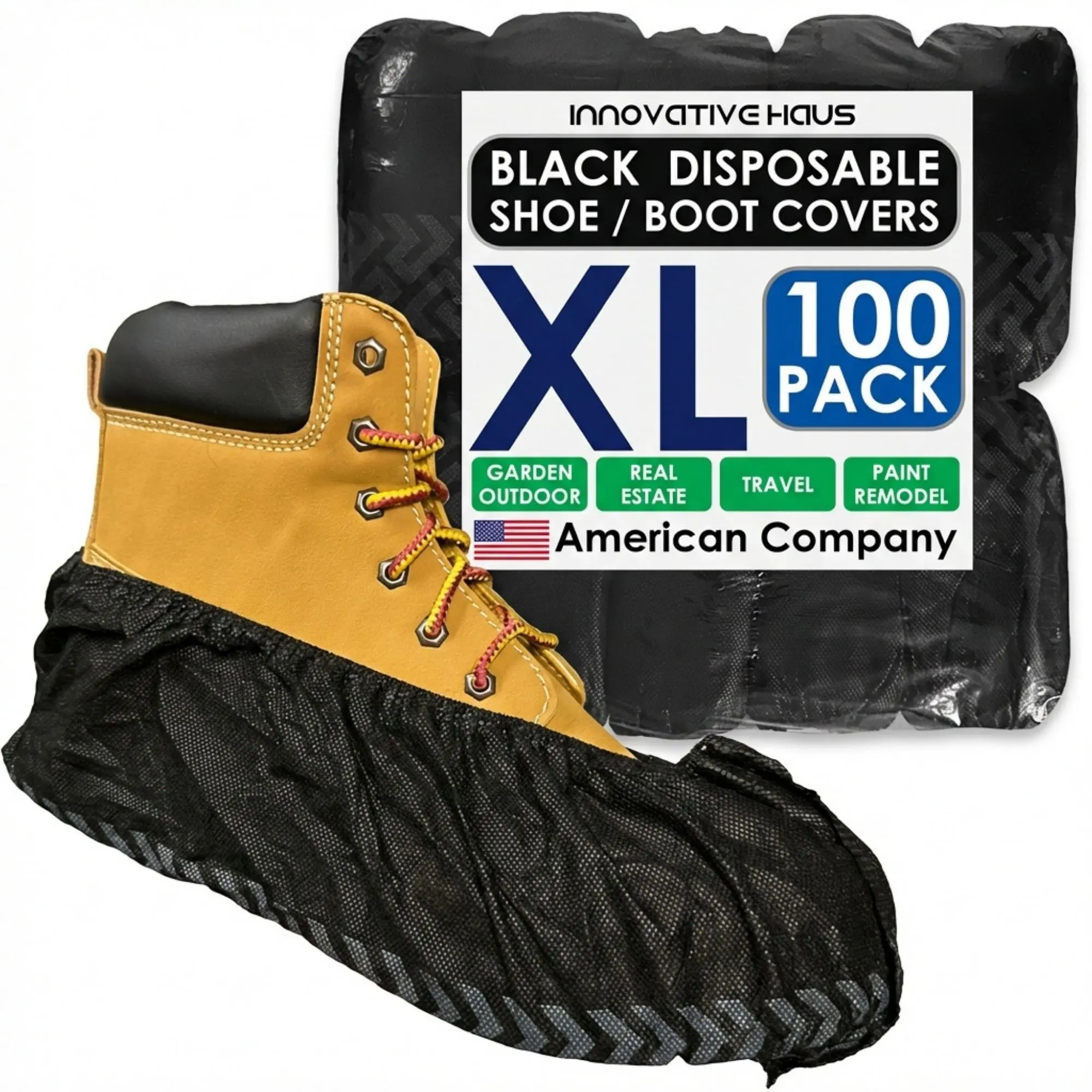 Innovative Haus 100 Pack Black Extra Large Disposable Boot & Shoe Covers. Indoor Use Durable Water Resistant Reusable Premium Booties with Non Slip Treads. Fits US Men's Size 14 & Women's 16 Shoe Size