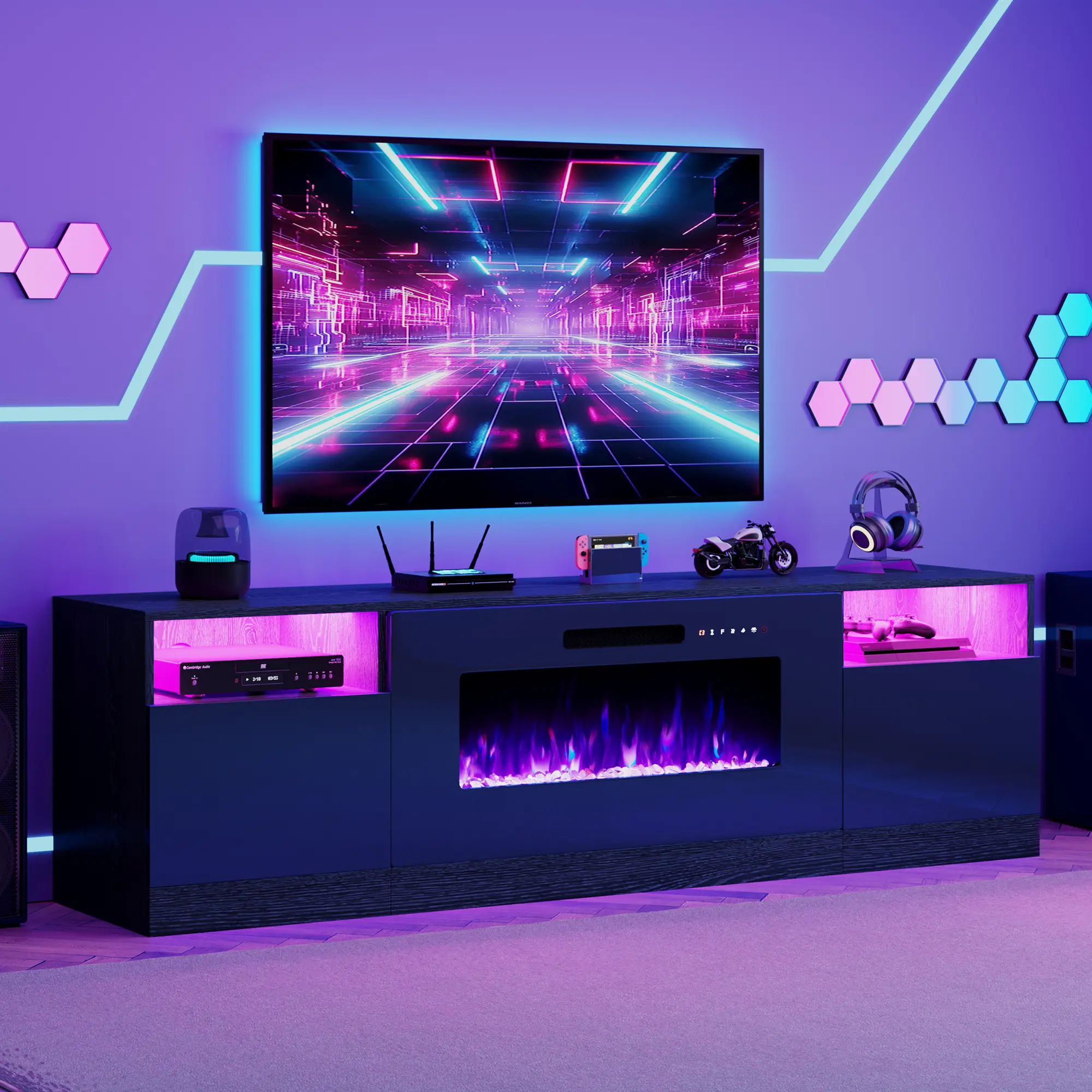 Amerlife Sturdy TV Stand with 70in/80in Size, 36in/40in Electric Fireplace, 12-Color LED Light Strip, High Gloss Storage Cabinets, Modern TV Table & Unit for Living Room, Tv Stands For Living Room With Fireplace