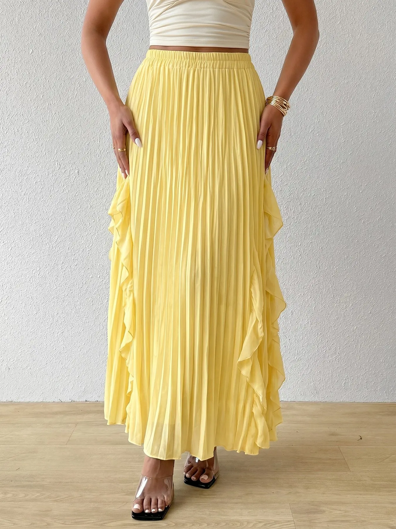 Women’s Yellow Ruffled Pleated Maxi Skirt, Elastic Waist Flowy Chic Elegant Ruffle Hem Chiffon Skirt, High Waist A-Line Casual Skirt for Vacation, Beach & Summer Wear