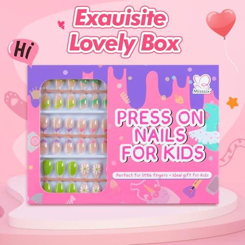 Misssix 78 Pcs Press on Nails for Kids, 3 Pack Kid Fake Nail Kit Cute Press on Nails, Stick On Nails Stuff for Girls 8-12 Years with Nail Glue, Colorful Flower