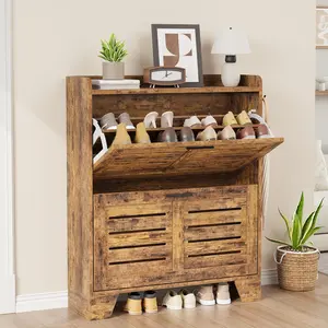 Shoe Cabinet Storage for Entryway, Narrow Shoe Cabinet with 2 Flip Drawers, Freestanding Hidden Slim Shoe Organizer Cabinet with Hooks for Foyer, Hallway, Garage