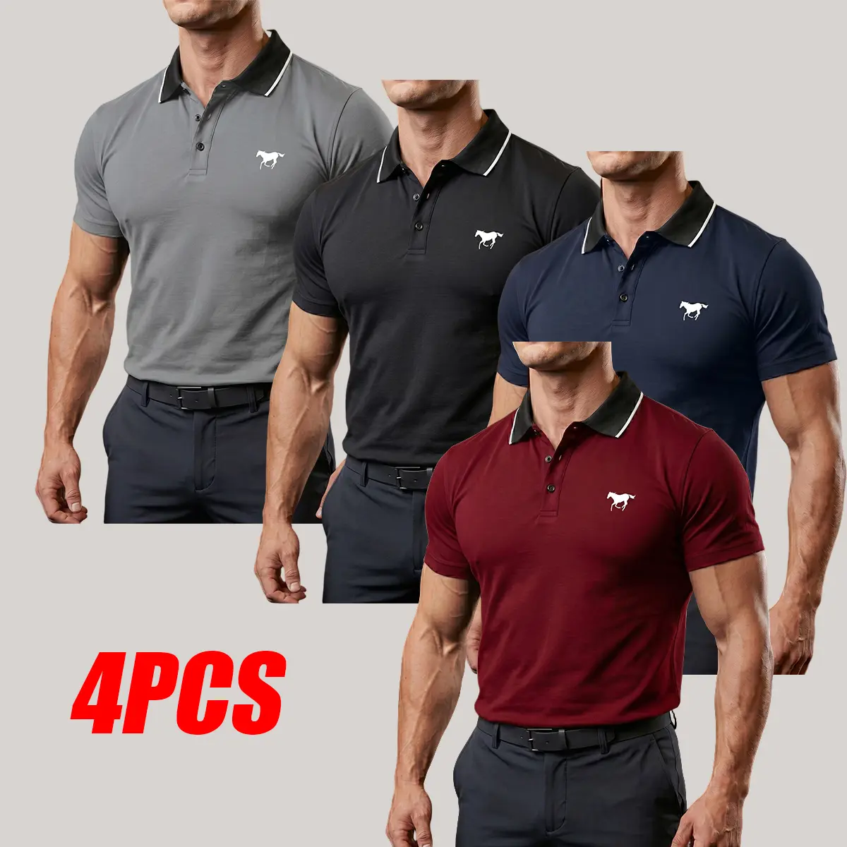 Men’s 4-pack athletic polo shirts, short sleeves, classic turn-down collar, front button design—comfortable summer men’s sportswear polos suitable for tennis, golf, badminton, and more. Men’s apparel, summerwines.