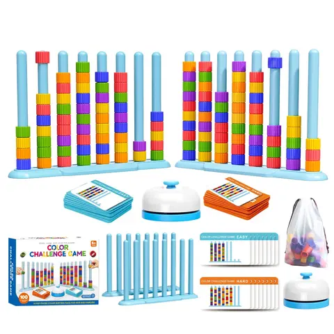 Unisex Kids' Color Matching Puzzle Stacking Game Set (2-Pack) - 2 Stack Racks, 100 Cards, 120 Synthetic Rings, Bell, Storage Bag for Family Game Night (Ages 6+)