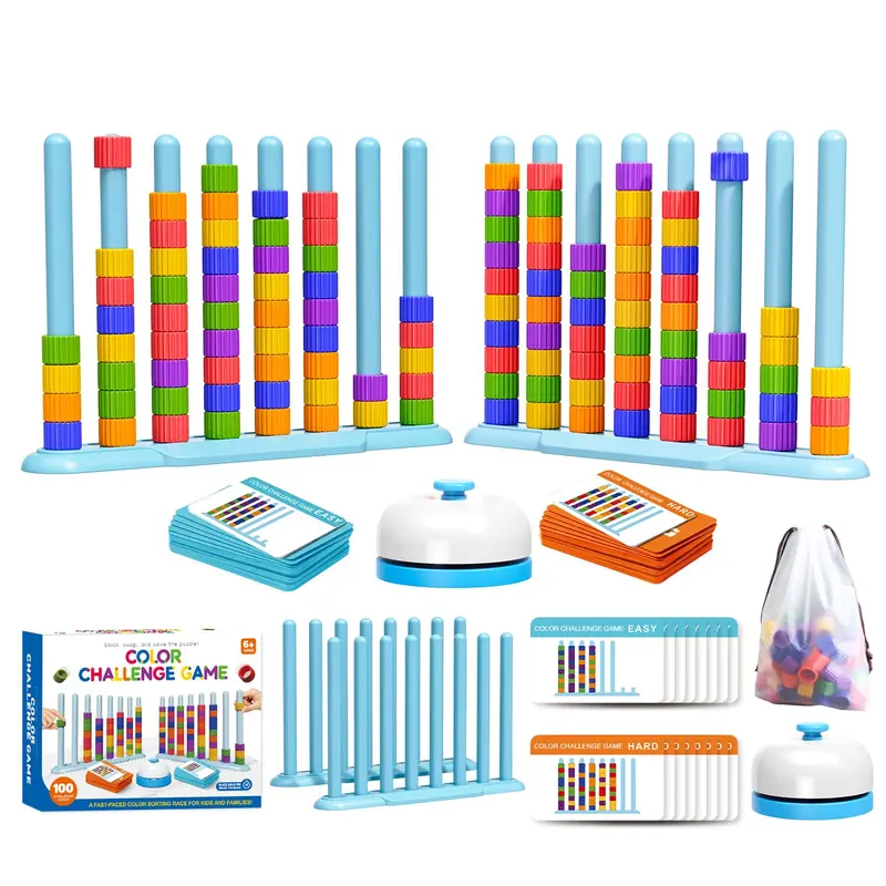 Unisex Kids' Color Matching Puzzle Stacking Game Set (2-Pack) - 2 Stack Racks, 100 Cards, 120 Synthetic Rings, Bell, Storage Bag for Family Game Night (Ages 6+)