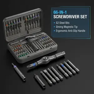 66 in 1 Magnetic Ratchet Screwdriver Set with S2 Steel Bits, H6.35 & H4 Precision Bits, Long Bits, Multi‑Function Handle for Electronics, Home & Bike Repair