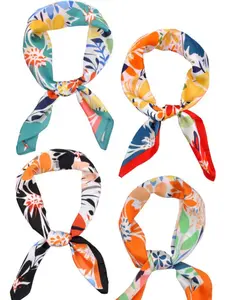 Vibrant Floral Pattern Print Silk like Large Square Satin Headscarf Headdress Bandana Light Weight Scarf