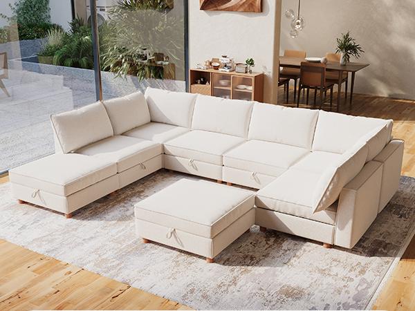 4-8 Seat Modular Sectional Sofa with Storage, Sturdy Solid Wood Structure, Modular Sectional Sofa Cloud Couch Washable, Spacious Couches for Living Room, Apartment, Loft, Beige