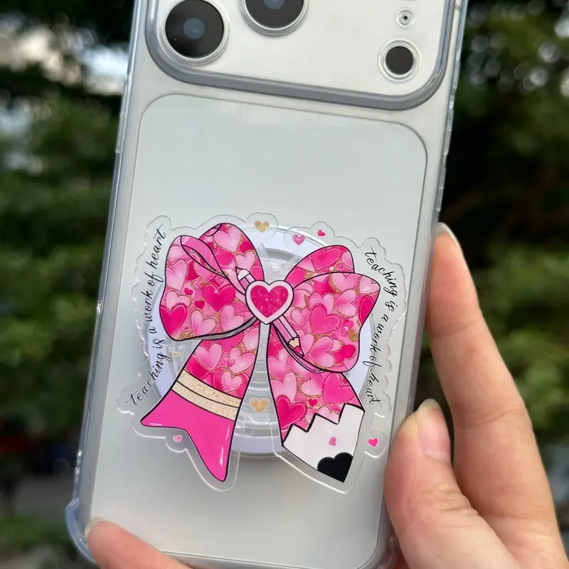 Pink Heart Bow Teacher Phone Grip – Teaching Is a Work of Heart – Cute Teacher Pop Socket