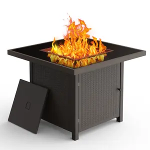 BALI OUTDOORS 32 inch Glass Tabletop Propane Fire Pit Outdoor, 50,000 BTU Propane Fire Pit Table Square, Gas Firepits for Outside Patio, Garden, Brown