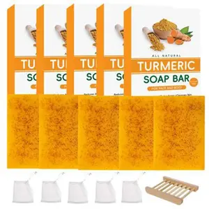 Turmeric Soap Bar, 5 Counts/set Natural Facial & Body Wash Soap Bar with Bubble Net & Soap Holder, Deep Cleansing Soap Bar for Women & Men, Turmeric Cleansing Soaps