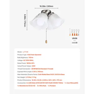 VEVOR Ceiling Fan Light Kit, Four-Light 3000K 750lm Fan Light Kit with Pull Chain, Replacement Light Fixture for Living Room, Bedroom, Home Decor, Cloud White Glass Shade Brushed Nickel, Floral Shape