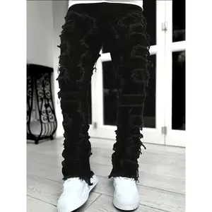 Men's Slim-Fit Distressed Frayed Hem Jeans - Stretch Denim with Mid-Rise Waist & Tapered Cuff, 64% Blend, All-Season Casual Pants for Outdoor & Casual Attire