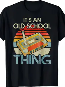 Vintage Cassette Tape Pattern T-Shirt- Unisex 80S And 90S Music Design, Casual Crew Neck T-Shirt, Black Stripes And "This Is Old School Style" Print, Retro T-Shirt