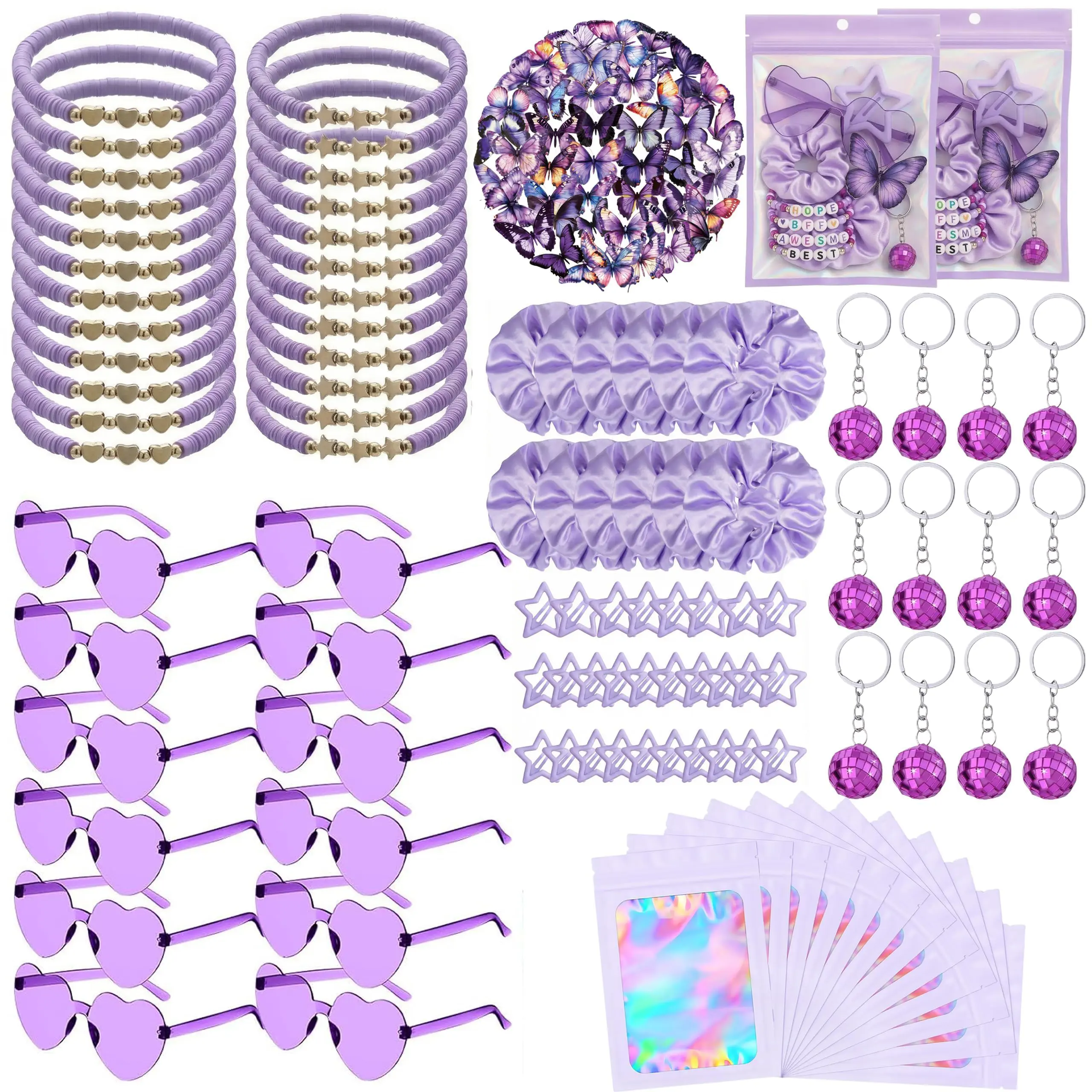 146-Piece Kpop Star Party Favors Kit, Lightweight Matching Gifts Set with Disco Ball Keychains, Heart Glasses, Bracelets, Bags, Butterfly Hair Clips for Friendship Party, Birthday Decoration
