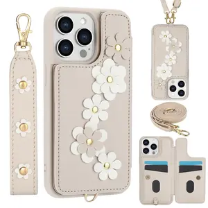 Compatible with iPhone 13-17 Wallet Case with Card Holder for Women, Kickstand, Crossbody Lanyard, Wrist Strap Flower Leather Flip Cover Designed