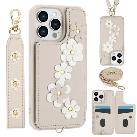Women's Flower Leather Flip Wallet Case for iPhone 13-17, Smartphone/Cellphone/Handheld Device Protection, Card Holder, Kickstand, Crossbody Lanyard, Wrist Strap, Devices ZT