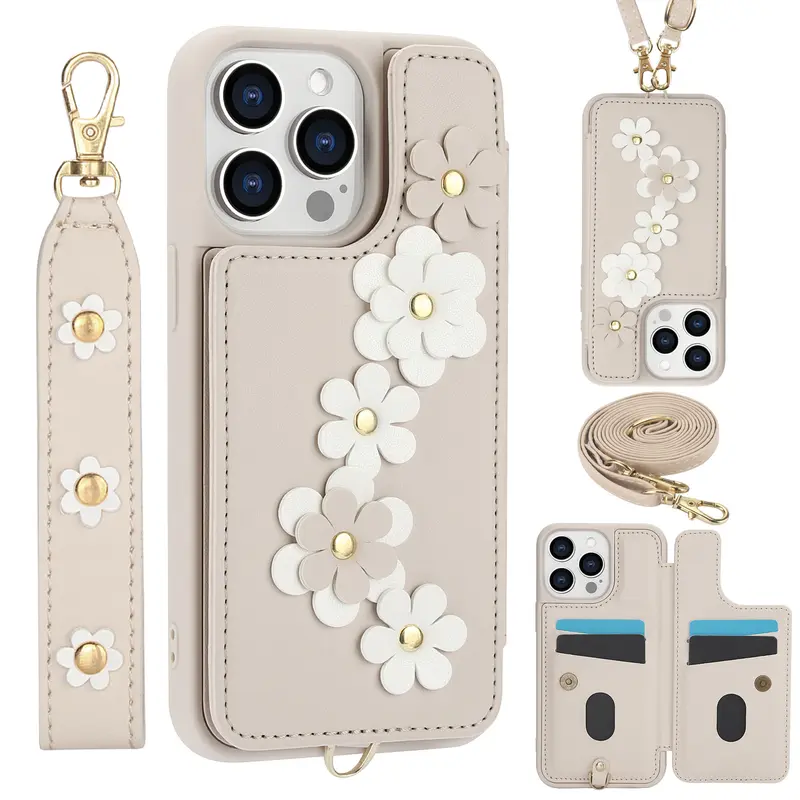 Women's Flower Leather Flip Wallet Case for iPhone 13-17, Smartphone/Cellphone/Handheld Device Protection, Card Holder, Kickstand, Crossbody Lanyard, Wrist Strap, Devices ZT