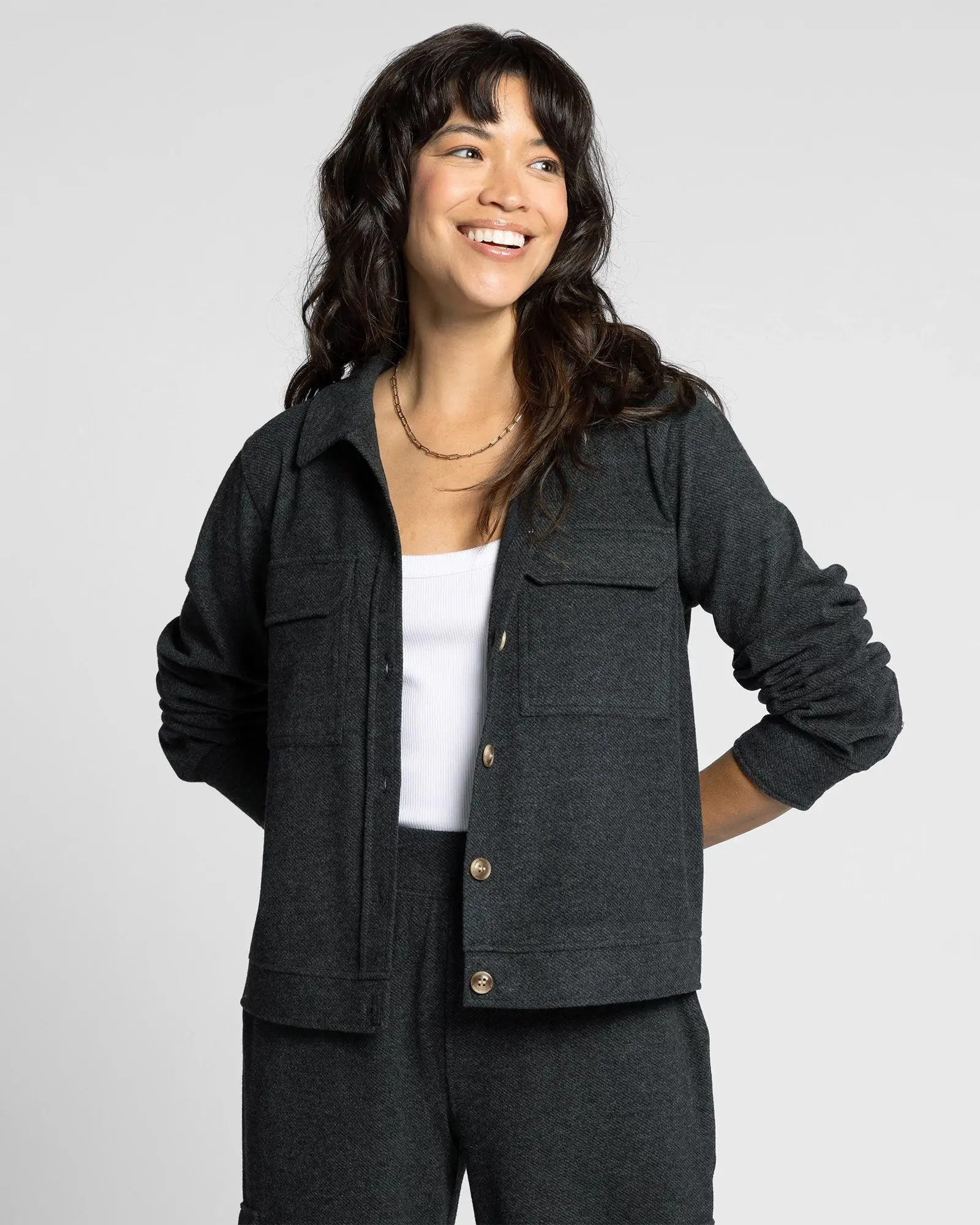 Faye Brushed Knit Jacket Boxy Long-Sleeve Top - Casual WFH Knit Coat, Fuzzy Textured Brushed Fabric, Relaxed Collar, Button-Up Front, Chest Flap Pockets - Women's Casual Fashion, All-Season Fit