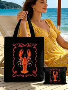 Beach Red Lobster Canvas Tote Bag for Women, Unisex Tote Bag Set, including Shoulder Bag and Cosmetic Bag, Minimalist College Style, Gift for Lobster Lovers, Reusable Shopping Grocery Bag Party Favor, Canvas Seafood Ocean Style Tote Bag for Girls