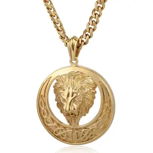 Hermah Lion Head Pendant Necklace For Men Boys Gold Color Carved Round Pendant Necklace Cuban Chain 18-24inch Hiphop Punk Jewelry