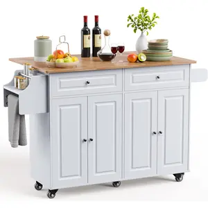 Rolling Kitchen Island Cart with Rubber Wood Top, Mobile Kitchen Island featuring Double Storage Cabinet and Drawers, Multifunctional Small Kitchen Island Table with Storage, Practical Mobile Storage Furniture for Home Kitchen LED Lighted Charging Dresser