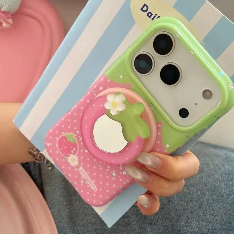 Women's Korean Celebrity Fashion Cute Strawberry-Polka Dot Smartphone Case with Magnetic Closure, Bracket, Shockproof Protector, Handheld Accessory for iPhone 17,16,15,14 Pro Max Devices, Accessories, Casing, Bracket Shell