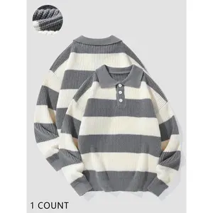 Men's Colorblock Striped Print Patchwork Pullover, Regular Fit Casual Cozy Long Sleeve Collared Sweater for Fall & Winter, Fashion Men's Knitwear for Daily Wear