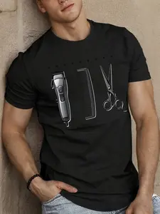 Men'S Short-Sleeve Summer T-Shirt Featuring Barber Tools in a Monochrome Design