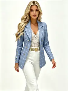 A women's fashionable blue toned waist cinched plaid suit jacket with a sharp lapel to enhance face shape, suitable for commuting to work, Office Wear, shopping and outdoor activities, indoor and outdoor dressing