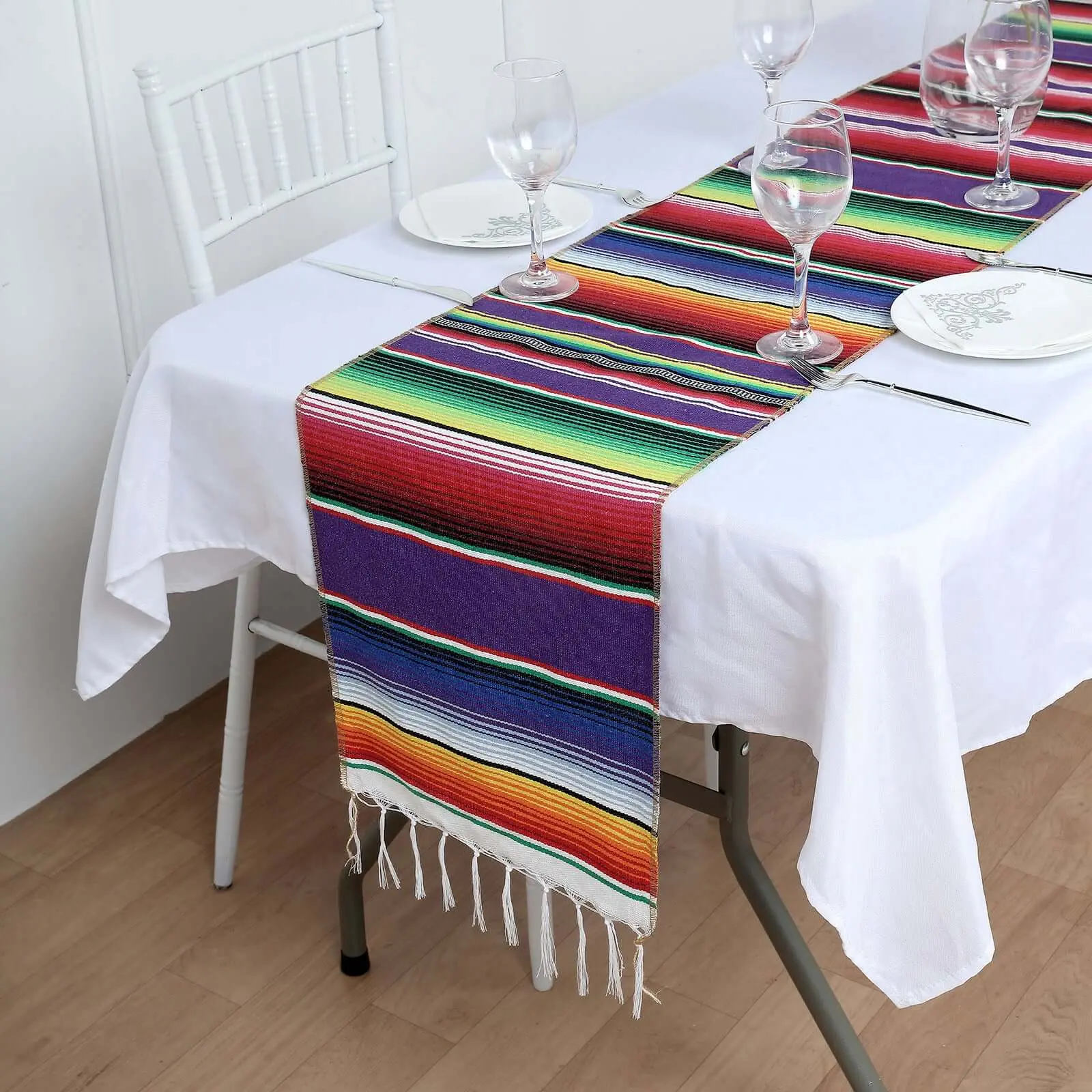 Mexican Serape Weave Table Runner, 14"x108" with Tassels, Assorted Colors - Weddings, Indoor/Outdoor Fiesta Flair Decoration