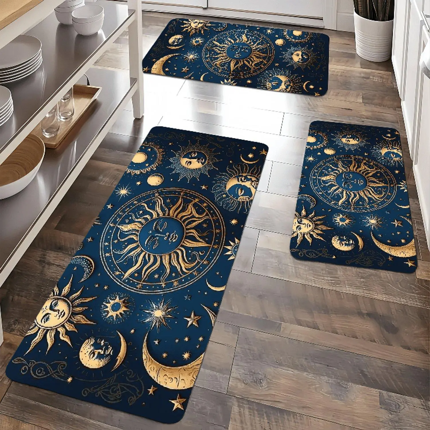 1pc Classic Celestial Motif Sun and Moon Print Flannel Fabric Floor Mat, Living Room Decor for Indoor Areas, Soft Home Textile for Living Room Entrance or Bedroom, Multi-Size