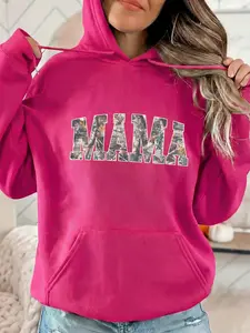 Women's Fashion Hooded Sweatshirt, Fitted, Mama Letter Pattern, Drawstring Kangaroo Pocket, Everyday Casual Sportswear for Fall & Winter