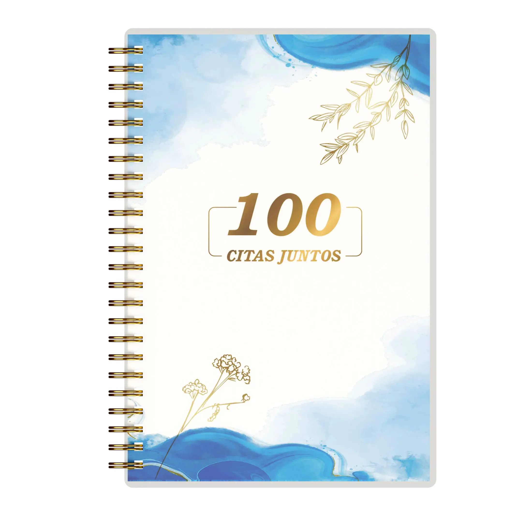 A5 Spanish Couples Date Journal - 100 Citas Juntos, Blue & Gold Compact Durable Portable Office Notebook with Room for Photos & Spanish Phrases, Romantic Anniversary Stationery for Memory-Keeping & Connection-Building