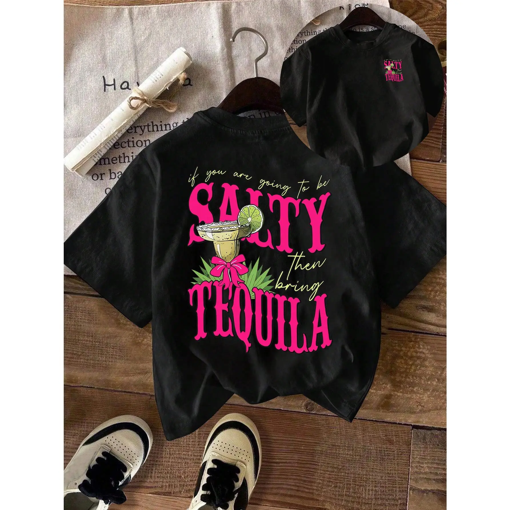 Women's Retro Western Coquette 100 Cotton Graphic T-Shirt - Salty Bring Tequila Print, Double-Sided, Short-Sleeve, Round Neck, Comfortable, Everyday Streetwear, Casual Birthday Top, Trendy Womenswear