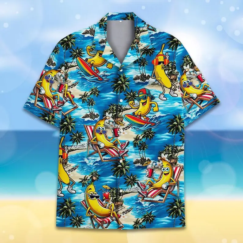 Funny Banana Hawaiian Shirt for Men Women Youth, Hula Banana Button-Down Short Sleeve Shirt, Tropical Summer Beach Party Shirt