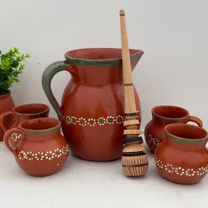 Vintage Traditional Mexican Clay Coffee Kettle & Mugs 6pc Set Lead-Free Handmade in Jalisco Unique Features Food Grade Drinkware