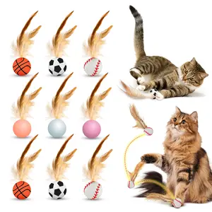 TxfnY 9PCS Interactive Feather Ball Toy for Cats, New Cat Bouncy Ball with Feather Tails, Elastic Cat Toy Balls for Indoor, Rolling Balls for Cats Playing Exercise