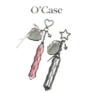 O'Case Silver Phone Chain with Lipstick Holder, Exquisite Metal Wire Woven Protective Sleeve with Heart & Star Shape Mirror Charm Keychain, Delicate Portable Lip Gloss Storage, Cool Y2K Punk Girly Aesthetic Stylish Accessory for All Lipstick