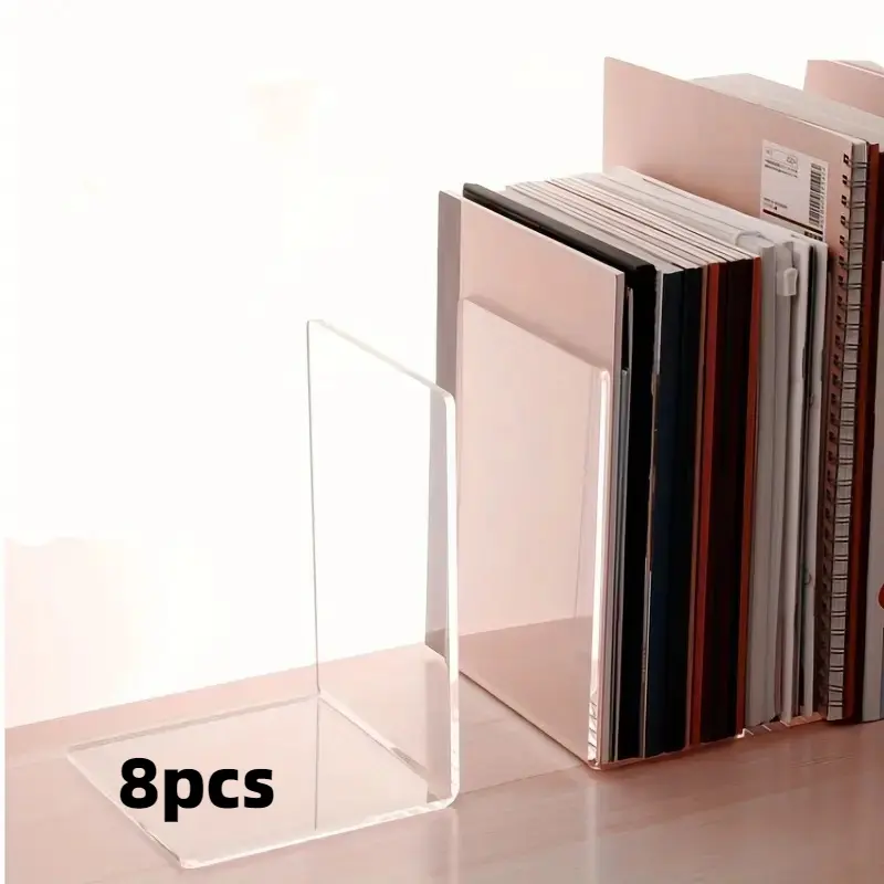 8pcs Transparent Acrylic L-Shaped Bookends - Space-Saving Design for Office, Library, Bedroom & Home Display, Modern Bookshelf Organizer, Bookshelf Decorations, Minimalist Bookends, Clear Construction
