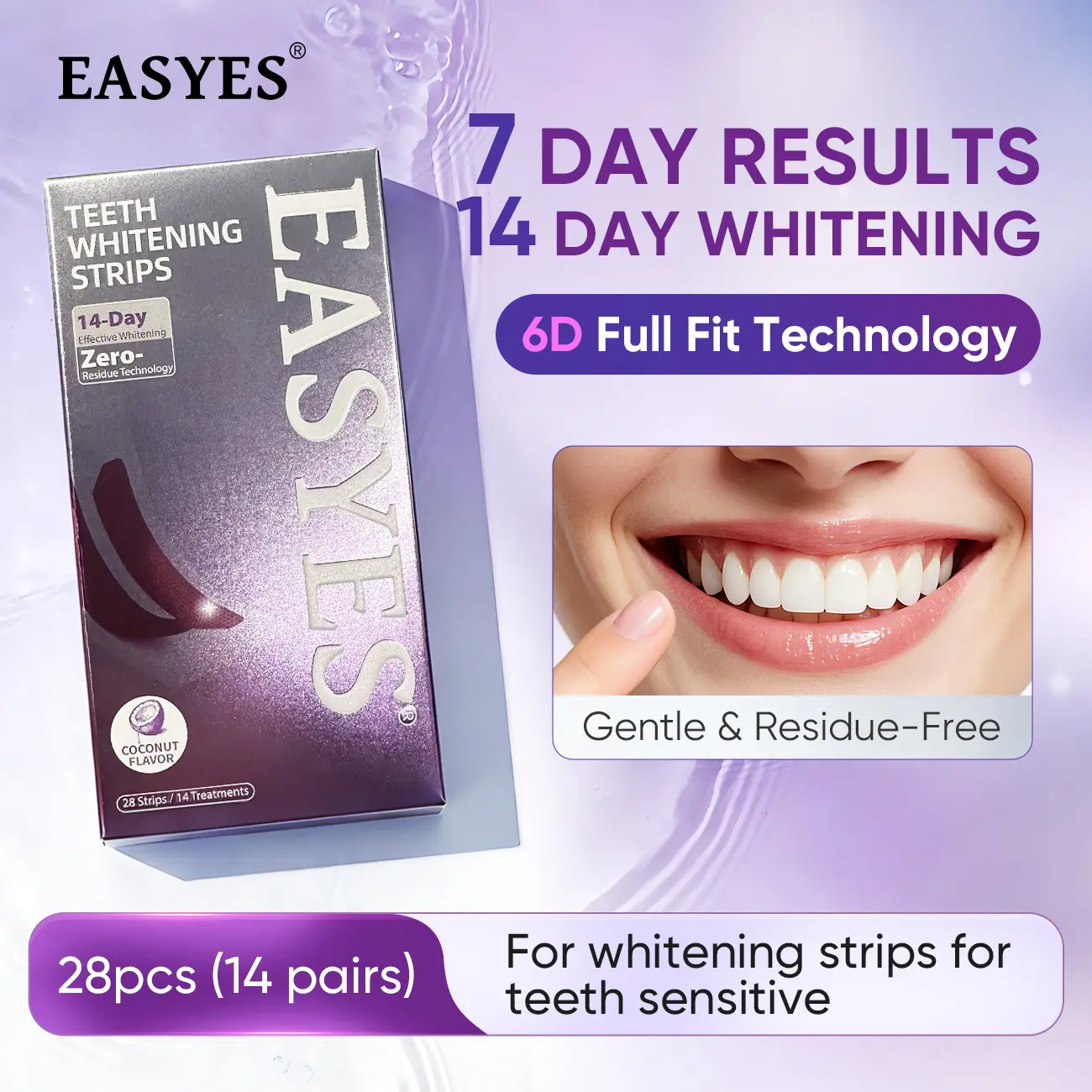 Easyes 7 Days whitening sensitive teeth whitening strips - 28 strips (14 sessions) Gentle & Residue Free 6D Full Fit non slip Dry Strip Technology for sensitive teeth Shade Correction Technology Neutralizes Yellow Teeth